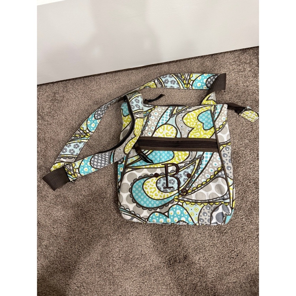 Thirty-One Organizing Shoulder Bag Paisley Crossbody Aqua Lime Grey Monogram B
